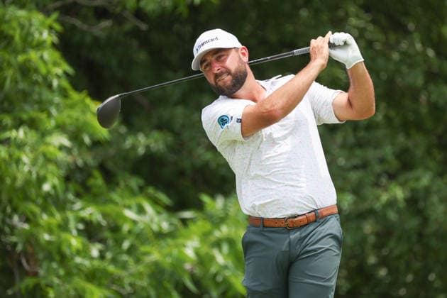 FORT WORTH, TX - MAY 28: Stephan Jaeger (GER) hits from the 12th tee during the Charles Schwab Challenge on May 28, 2026 at Colonial Country Club in Fort Worth, TX. (Photo by George Walker Icon Sportswire) GOLF: MAY 28 PGA, Golf Herren Charles Schwab Challenge EDITORIAL USE ONLY Icon26052818