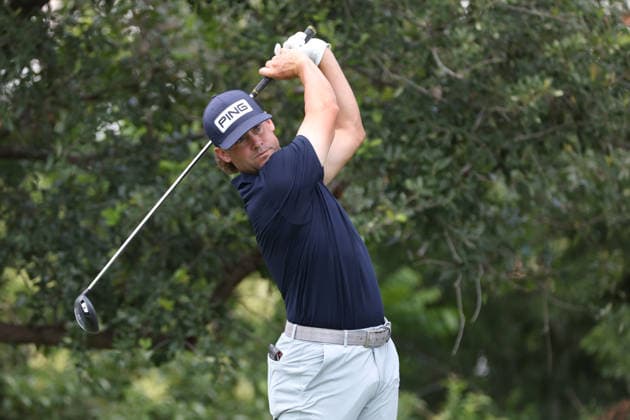FORT WORTH, TX - MAY 28: Taylor Moore (USA) hits from the 9th tee during the Charles Schwab Challenge on May 28, 2026 at Colonial Country Club in Fort Worth, TX. (Photo by George Walker Icon Sportswire) GOLF: MAY 28 PGA, Golf Herren Charles Schwab Challenge EDITORIAL USE ONLY Icon26052848