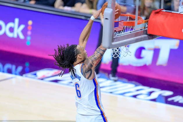 NBA, Basketball Herren, USA West Conference Finals Game 6 - Oklahoma City Thunder at San Antonio Spurs Oklahoma City Thunder forward Jaylin Williams makes a dunk during Game 6 of the NBA West Conference Finals between the San Antonio Spurs and Oklahoma City Thunder in San Antonio, Texas, USA, 28 May 2026. San Antonio United States  Copyright: xADAMxDAVISx