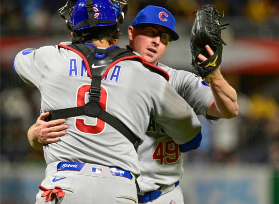 Chicago Cubs pitcher Trent Thornton (49) celebrates the Cubs 7-2 win against the Pittsburgh Pirates with Chicago Cubs catcher Miguel Amaya (9) at PNC Park on Thursday, May 28, 2026 in Pittsburgh.  PIT2026052834 ArchiexCarpenter