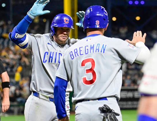 Chicago Cubs left fielder Ian Happ (8) celebrates his two run homer with Chicago Cubs third baseman Alex Bregman (3) in the eighth inning of the Cubs 7-2 win against the Pittsburgh Pirates at PNC Park on Thursday, May 28, 2026 in Pittsburgh.  PIT2026052827 ArchiexCarpenter