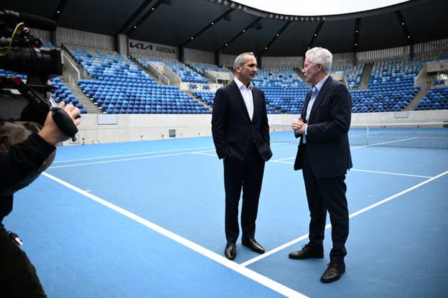 TENNIS AUSTRALIA ANDREW ABDO, incoming Tennis Australia CEO Andrew Abdo (left) and outgoing Tennis Australia CEO Craig Tiley and during a Tennis Australia press conference, PK, Pressekonferenz at KIA Arena, in Melbourne, Friday, May 29, 2026. ( NO ARCHIVING MELBOURNE VICTORIA AUSTRALIA  Copyright: xJOELxCARRETTx 20260529110344337418