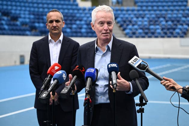 TENNIS AUSTRALIA ANDREW ABDO, Incoming Tennis Australia CEO Andrew Abdo (left) and outgoing Tennis Australia CEO Craig Tiley and speak to media during a Tennis Australia press conference, PK, Pressekonferenz at KIA Arena, in Melbourne, Friday, May 29, 2026. ( NO ARCHIVING MELBOURNE VICTORIA AUSTRALIA  Copyright: xJOELxCARRETTx 20260529178452665498