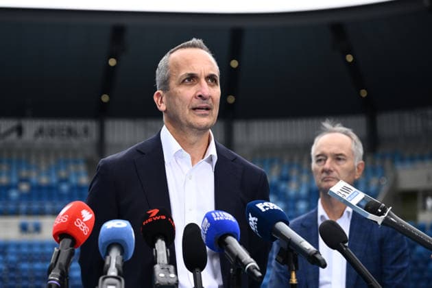 TENNIS AUSTRALIA ANDREW ABDO, Incoming Tennis Australia CEO Andrew Abdo (left) and Tennis Australia Chair Chris Harrop during a Tennis Australia press conference, PK, Pressekonferenz at KIA Arena, in Melbourne, Friday, May 29, 2026. ( NO ARCHIVING MELBOURNE VICTORIA AUSTRALIA  Copyright: xJOELxCARRETTx 20260529121813428338
