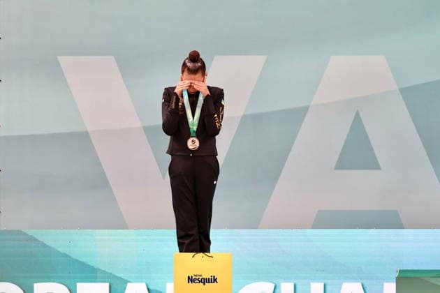 BULGARIA, VARNA - MAY 29, 2026: Silver medalist Sofia Krainska of Ukraine is seen during a victory ceremony at the 2026 European Rhythmic gymnastics, Rhythmische Sportgymnastik, RSG Championships. Russia s national team, Nationalteam is performing under the Russian flag and anthem. Igor Lenkin TASS  93157426