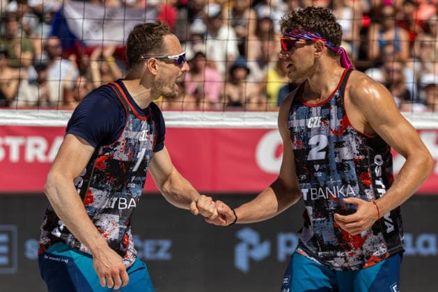 L-R Ondrej Perusic and Jiri Sedlak (CZE) during the match Jiri Sedlak and Ondrej Perusic from Czech Republic vs Teo Rotar and Arnaud Gauthier-Rat from France at the Pro Tour, Beach volleyball, Beachvolleyball tournament of Elite category, Ostrava, Czech Republic, May 29, 2026. (CTKxPhoto VladimirxPrycek) CTKPhotoP2026052902872  CTKPhotoP2026052902872