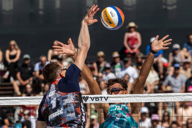 L-R Ondrej Perusic (CZE) and Teo Rotar (FRA) during the match Jiri Sedlak and Ondrej Perusic from Czech Republic vs Teo Rotar and Arnaud Gauthier-Rat from France at the Pro Tour, Beach volleyball, Beachvolleyball tournament of Elite category, Ostrava, Czech Republic, May 29, 2026. (CTKxPhoto VladimirxPrycek) CTKPhotoP2026052902925  CTKPhotoP2026052902925