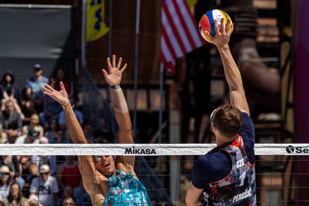 L-R Teo Rotar (FRA) and Ondrej Perusic (CZE) during the match Jiri Sedlak and Ondrej Perusic from Czech Republic vs Teo Rotar and Arnaud Gauthier-Rat from France at the Pro Tour, Beach volleyball, Beachvolleyball tournament of Elite category, Ostrava, Czech Republic, May 29, 2026. (CTKxPhoto VladimirxPrycek) CTKPhotoP2026052902933  CTKPhotoP2026052902933