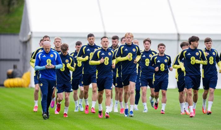 Lawrence Shankland of Scotland runs at the front of the squad as they run a lap of the Lesser Hampden pitch Scotland Team Training, Football, Hampden Park, Glasgow, Scotland, UK - 29 May 2026Glasgow Hampden Park United Kingdom EDITORIAL USE ONLY No use with unauthorised audio, video, data, fixture lists, club league logos or live services. Online in-match use limited to 120 images, no video emulation. No use in betting, games or single club league player publications. Copyright: xStuartxWallace Shutterstockx 16902976bc