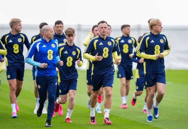 Lawrence Shankland of Scotland runs at the front of the squad as they run a lap of the Lesser Hampden pitch Scotland Team Training, Football, Hampden Park, Glasgow, Scotland, UK - 29 May 2026Glasgow Hampden Park United Kingdom EDITORIAL USE ONLY No use with unauthorised audio, video, data, fixture lists, club league logos or live services. Online in-match use limited to 120 images, no video emulation. No use in betting, games or single club league player publications. Copyright: xStuartxWallace Shutterstockx 16902976ax