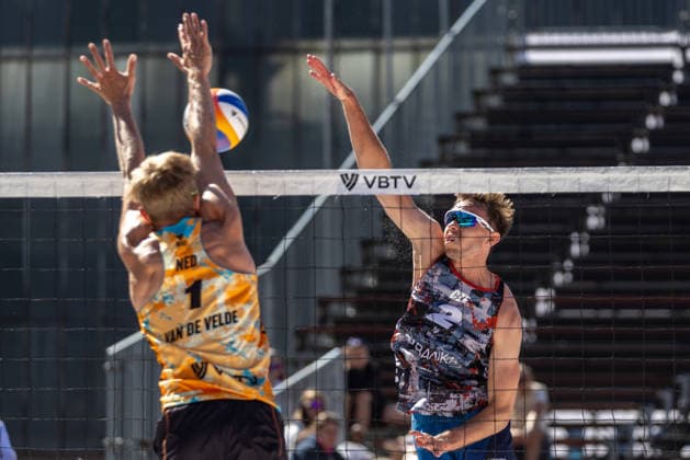 L-R Steven van de Velde (NDL) and Jakub Sepka (CZE) during the match Matyas Dzavoronok and Jakub Sepka From Czech Republic vs Steven van de Velde and Yorick de Groot of Netherlands at the Pro Tour, Beach volleyball, Beachvolleyball tournament of Elite category, Ostrava, Czech Republic, May 29, 2026. (CTKxPhoto VladimirxPrycek) CTKPhotoP2026052904051  CTKPhotoP2026052904051