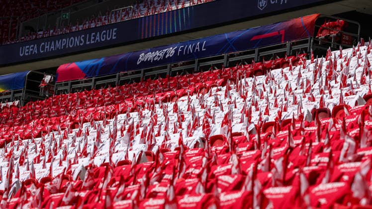 Paris Saint-Germain, Open Training Session Ground View of The Puskas ArÃ na with the Arsenal area draped in shirts and scarfs ahead of the open training session for Paris Saint-Germain ahead of the Champions League Cup Final at Puskas Arena Park, Budapest, Hungary on 29 May 2026. Budapest Puskas Arena Park Hungary Editorial use only , Copyright: xChrisxFoxwellx PSI-24345-0008