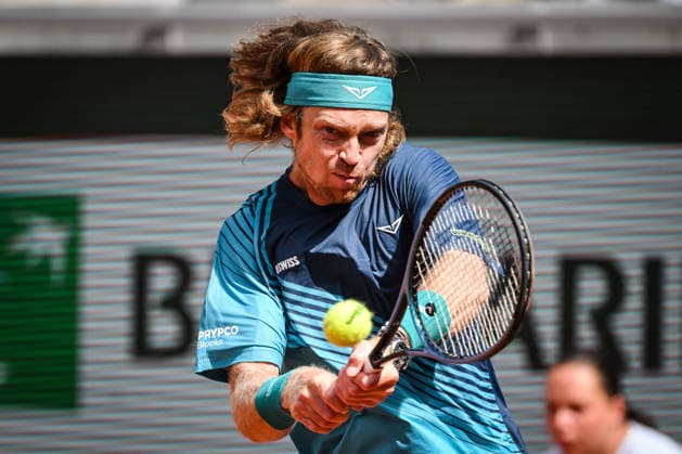 May 29, 2026, Paris, France, France: ANDREY RUBLEV of Russia in action against N Borges of Portugal during their match at the ATO French Open at Roland-Garros Stadium in Paris, France. Rublev won 7:5, 7:6. 7:6. Tenis 2026: ATP, Tennis Herren french Open: RUBLEV 7:5 7:6 7:6 BORGES  - ZUMAm308 20260529_zsp_m308_005 Copyright: xMatthieuxMirvillex
