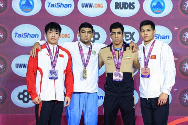 U17, U 17 Wrestling Asian Championships Podium 80kg GR - Gold: Abdulaziz Kholmirzaev (UZB), Silver: Yujian Cheng (CHN), Bronze: Mehdi Yahia Gholamian (IRI), Edil Nurbekov (KGZ)