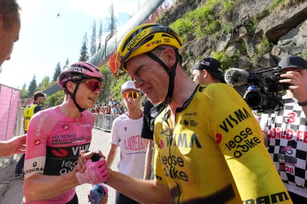 United States™ Sepp Kuss of Team Visma Lease A Bike react after win the stage 19 of the Giro d™Italia, with the cyclamen jersey France™s Paul Magnier of Soudal Quick-Step, from Feltre to Alleghe, Italy, Friday, May 29, 2026.  Copyright: xSimonexSpada LaPressex