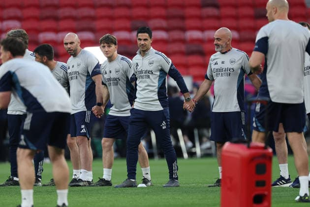 Mikel Artera (centre), head coach of Arsenal takes part in training at the Puskas Arena on 29 May 2026, on the eve of the UEFA Champions League 2025-26 Final soccer match between Paris Saint-Germain FC and Arsenal FC, in Budapest, Hungary. UEFA Champions League - Paris Saint-Germain FC v Arsenal FC