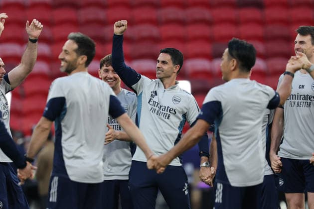 Mikel Artera (centre), head coach of Arsenal reacts as he takes part in training at the Puskas Arena on 29 May 2026, on the eve of the UEFA Champions League 2025-26 Final soccer match between Paris Saint-Germain FC and Arsenal FC, in Budapest, Hungary. UEFA Champions League - Paris Saint-Germain FC v Arsenal FC