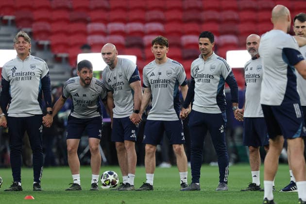 Mikel Artera (centre), head coach of Arsenal takes part in training at the Puskas Arena on 29 May 2026, on the eve of the UEFA Champions League 2025-26 Final soccer match between Paris Saint-Germain FC and Arsenal FC, in Budapest, Hungary. UEFA Champions League - Paris Saint-Germain FC v Arsenal FC
