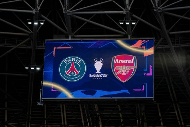 Arsenal FC Training Session - MD-1 UEFA Champions League Final Teams crests on the screen of Puskas Arena during the Arsenal FC Training Session ahead the UEFA Champions League Final match between Paris Saint-Germain Fc and Arsenal FC at Puskas Arena on May 29, 2026 in Budapest, Hungary Budapest Puskas Arena Hungary Hungary Copyright: xGiuseppexMaffiax 260529_UCL_Arsenal_TrainingSession_GM_09873