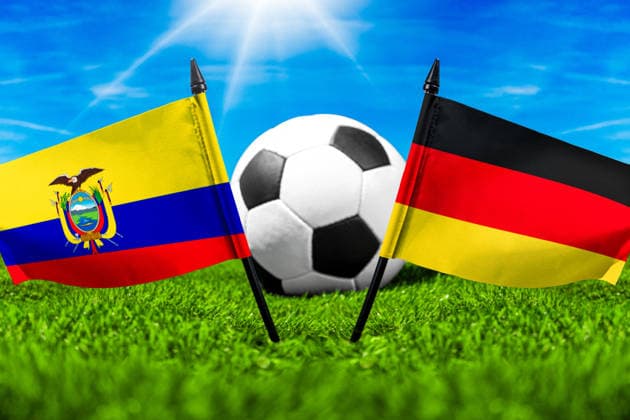 May 22, 2026: PHOTO MONTAGE, 2026 FIFA World Cup, WM, Weltmeisterschaft, Fussball National flags of Ecuador and Germany with a soccer ball on the field. Illustrative image for the group stage match on June 25 at the 2026 FIFA World Cup *** FOTOMONTAGE, Fußball-Weltmeisterschaft 2026: Nationalflaggen von Ecuador und Deutschland mit Fußball auf Rasen. Symbolbild zum WM-Gruppenspiel am 25 Juni bei der FIFA Fussball-Weltmeisterschaft 2026
