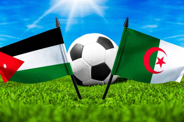 May 22, 2026: PHOTO MONTAGE, 2026 FIFA World Cup, WM, Weltmeisterschaft, Fussball National flags of Jordan and Algeria with a soccer ball on the field. Stock image for the group stage match on June 23 at the 2026 FIFA World Cup *** FOTOMONTAGE, Fußball-Weltmeisterschaft 2026: Nationalflaggen von Jordanien und Algerien mit Fußball auf Rasen. Symbolbild zum WM-Gruppenspiel am 23 Juni bei der FIFA Fussball-Weltmeisterschaft 2026