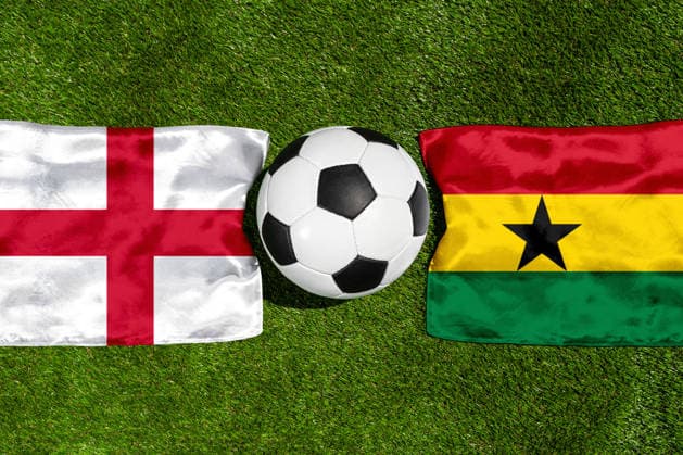 May 22, 2026: PHOTO MONTAGE, 2026 FIFA World Cup, WM, Weltmeisterschaft, Fussball National flags of England and Ghana with a soccer ball on the field. Stock image for the group stage match on June 23 at the 2026 FIFA World Cup *** FOTOMONTAGE, Fußball-Weltmeisterschaft 2026: Nationalflaggen von England und Ghana mit Fußball auf Rasen. Symbolbild zum WM-Gruppenspiel am 23 Juni bei der FIFA Fussball-Weltmeisterschaft 2026