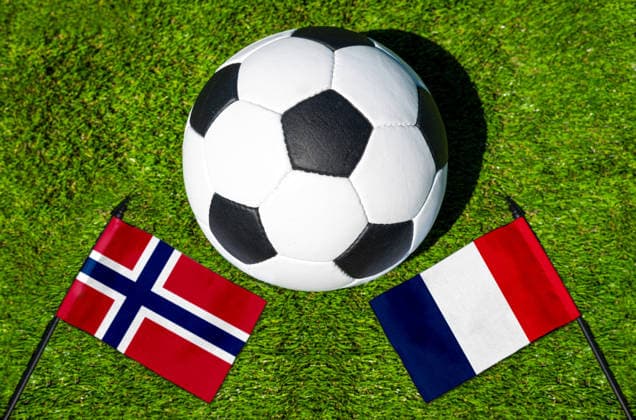 May 22, 2026: PHOTO MONTAGE, 2026 FIFA World Cup, WM, Weltmeisterschaft, Fussball National flags of Norway and France with a soccer ball on a field. Illustrative image for the group stage match on June 26 at the 2026 FIFA World Cup *** FOTOMONTAGE, Fußball-Weltmeisterschaft 2026: Nationalflaggen von Norwegen und Frankreich mit Fußball auf Rasen. Symbolbild zum WM-Gruppenspiel am 26 Juni bei der FIFA Fussball-Weltmeisterschaft 2026