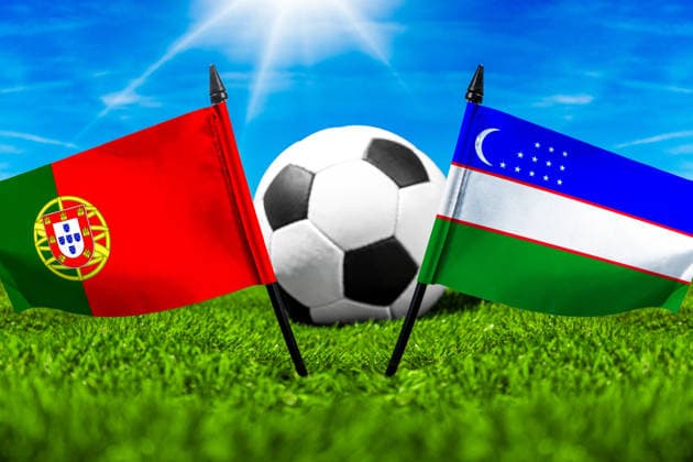 May 22, 2026: PHOTO MONTAGE, 2026 FIFA World Cup, WM, Weltmeisterschaft, Fussball National flags of Portugal and Uzbekistan with a soccer ball on a field. Stock image for the group stage match on June 23 at the 2026 FIFA World Cup *** FOTOMONTAGE, Fußball-Weltmeisterschaft 2026: Nationalflaggen von Portugal und Usbekistan mit Fußball auf Rasen. Symbolbild zum WM-Gruppenspiel am 23 Juni bei der FIFA Fussball-Weltmeisterschaft 2026