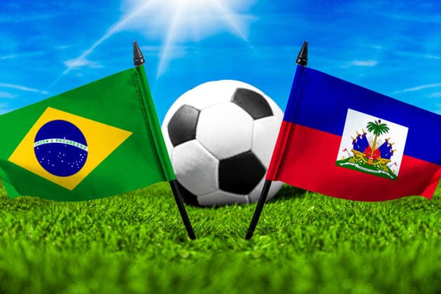 May 22, 2026: PHOTO MONTAGE, 2026 FIFA World Cup, WM, Weltmeisterschaft, Fussball National flags of Brazil and Haiti with a soccer ball on the field. Stock image for the group stage match on June 20 at the 2026 FIFA World Cup *** FOTOMONTAGE, Fußball-Weltmeisterschaft 2026: Nationalflaggen von Brasilien und Haiti mit Fußball auf Rasen. Symbolbild zum WM-Gruppenspiel am 20 Juni bei der FIFA Fussball-Weltmeisterschaft 2026