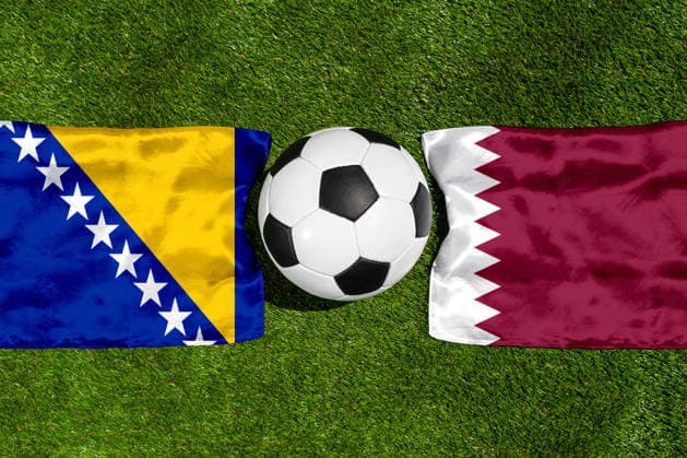 May 22, 2026: PHOTO MONTAGE, 2026 FIFA World Cup, WM, Weltmeisterschaft, Fussball National flags of Bosnia and Herzegovina and Qatar with a soccer ball on the field. Stock image for the group stage match on June 22 at the 2026 FIFA World Cup *** FOTOMONTAGE, Fußball-Weltmeisterschaft 2026: Nationalflaggen von Bosnien Herzegowina und Katar mit Fußball auf Rasen. Symbolbild zum WM-Gruppenspiel am 22 Juni bei der FIFA Fussball-Weltmeisterschaft 2026
