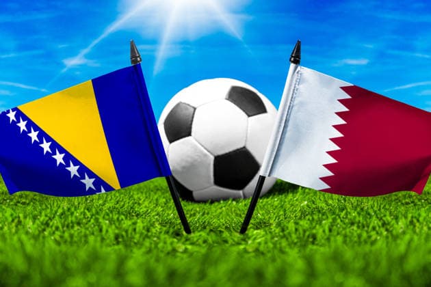 May 22, 2026: PHOTO MONTAGE, 2026 FIFA World Cup, WM, Weltmeisterschaft, Fussball National flags of Bosnia and Herzegovina and Qatar with a soccer ball on the field. Stock image for the group stage match on June 22 at the 2026 FIFA World Cup *** FOTOMONTAGE, Fußball-Weltmeisterschaft 2026: Nationalflaggen von Bosnien Herzegowina und Katar mit Fußball auf Rasen. Symbolbild zum WM-Gruppenspiel am 22 Juni bei der FIFA Fussball-Weltmeisterschaft 2026