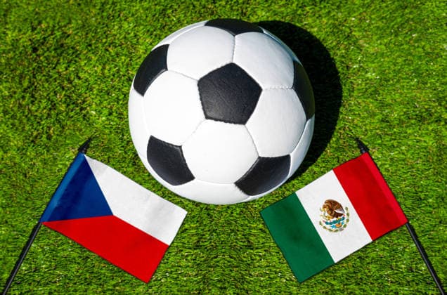 May 22, 2026: PHOTO MONTAGE, 2026 FIFA World Cup, WM, Weltmeisterschaft, Fussball National flags of the Czech Republic and Mexico with a soccer ball on the field. Stock image for the group stage match on June 25 at the 2026 FIFA World Cup *** FOTOMONTAGE, Fußball-Weltmeisterschaft 2026: Nationalflaggen von Tschechien und Mexico mit Fußball auf Rasen. Symbolbild zum WM-Gruppenspiel am 25 Juni bei der FIFA Fussball-Weltmeisterschaft 2026
