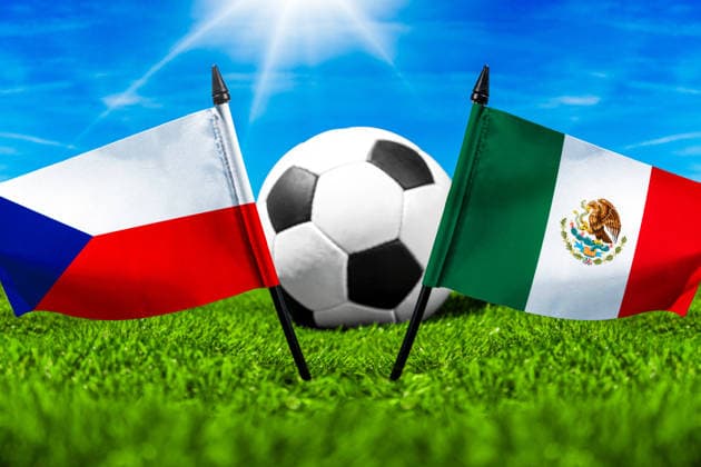 May 22, 2026: PHOTO MONTAGE, 2026 FIFA World Cup, WM, Weltmeisterschaft, Fussball National flags of the Czech Republic and Mexico with a soccer ball on the field. Stock image for the group stage match on June 25 at the 2026 FIFA World Cup *** FOTOMONTAGE, Fußball-Weltmeisterschaft 2026: Nationalflaggen von Tschechien und Mexico mit Fußball auf Rasen. Symbolbild zum WM-Gruppenspiel am 25 Juni bei der FIFA Fussball-Weltmeisterschaft 2026