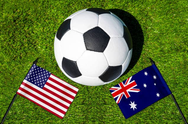 May 22, 2026: PHOTO MONTAGE, 2026 FIFA World Cup, WM, Weltmeisterschaft, Fussball National flags of the USA and Australia with a soccer ball on a field. Illustrative image for the group stage match on June 19 at the 2026 FIFA World Cup *** FOTOMONTAGE, Fußball-Weltmeisterschaft 2026: Nationalflaggen von USA und Australien mit Fußball auf Rasen. Symbolbild zum WM-Gruppenspiel am 19 Juni bei der FIFA Fussball-Weltmeisterschaft 2026