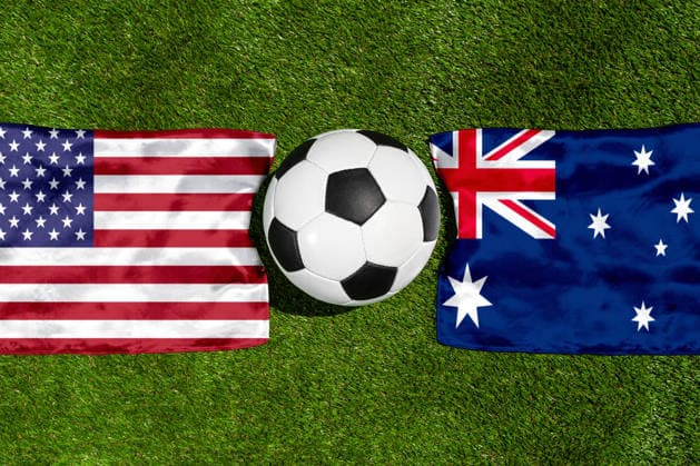 May 22, 2026: PHOTO MONTAGE, 2026 FIFA World Cup, WM, Weltmeisterschaft, Fussball National flags of the USA and Australia with a soccer ball on a field. Illustrative image for the group stage match on June 19 at the 2026 FIFA World Cup *** FOTOMONTAGE, Fußball-Weltmeisterschaft 2026: Nationalflaggen von USA und Australien mit Fußball auf Rasen. Symbolbild zum WM-Gruppenspiel am 19 Juni bei der FIFA Fussball-Weltmeisterschaft 2026