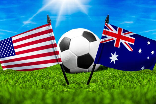 May 22, 2026: PHOTO MONTAGE, 2026 FIFA World Cup, WM, Weltmeisterschaft, Fussball National flags of the USA and Australia with a soccer ball on a field. Illustrative image for the group stage match on June 19 at the 2026 FIFA World Cup *** FOTOMONTAGE, Fußball-Weltmeisterschaft 2026: Nationalflaggen von USA und Australien mit Fußball auf Rasen. Symbolbild zum WM-Gruppenspiel am 19 Juni bei der FIFA Fussball-Weltmeisterschaft 2026