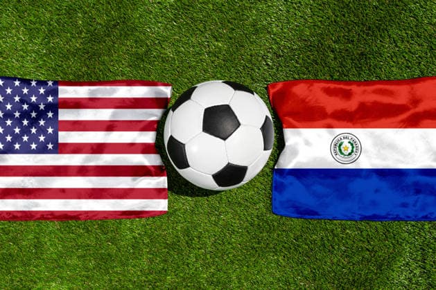 May 22, 2026: PHOTO MONTAGE, 2026 FIFA World Cup, WM, Weltmeisterschaft, Fussball National flags of the USA and Paraguay with a soccer ball on the field. Stock image for the group stage match on June 12 at the 2026 FIFA World Cup *** FOTOMONTAGE, Fußball-Weltmeisterschaft 2026: Nationalflaggen von USA und Paraguay mit Fußball auf Rasen. Symbolbild zum WM-Gruppenspiel am 12 Juni bei der FIFA Fussball-Weltmeisterschaft 2026