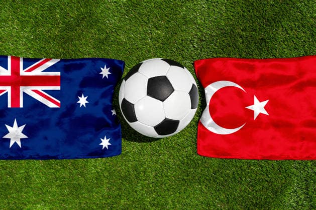 May 22, 2026: PHOTO MONTAGE, 2026 FIFA World Cup, WM, Weltmeisterschaft, Fussball National flags of Australia and Turkey with a soccer ball on the field. Stock image for the group stage match on June 14 at the 2026 FIFA World Cup *** FOTOMONTAGE, Fußball-Weltmeisterschaft 2026: Nationalflaggen von Australien und Türkei mit Fußball auf Rasen. Symbolbild zum WM-Gruppenspiel am 14 Juni bei der FIFA Fussball-Weltmeisterschaft 2026