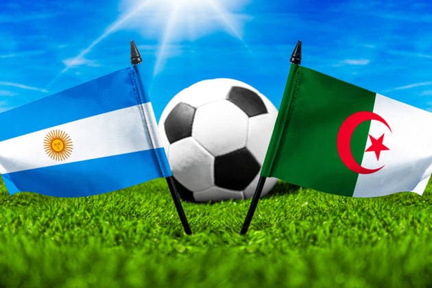 May 22, 2026: PHOTO MONTAGE, 2026 FIFA World Cup, WM, Weltmeisterschaft, Fussball National flags of Argentina and Algeria with a soccer ball on the field. Stock image for the group stage match on June 17 at the 2026 FIFA World Cup *** FOTOMONTAGE, Fußball-Weltmeisterschaft 2026: Nationalflaggen von Argentinien und Algerien mit Fußball auf Rasen. Symbolbild zum WM-Gruppenspiel am 17 Juni bei der FIFA Fussball-Weltmeisterschaft 2026