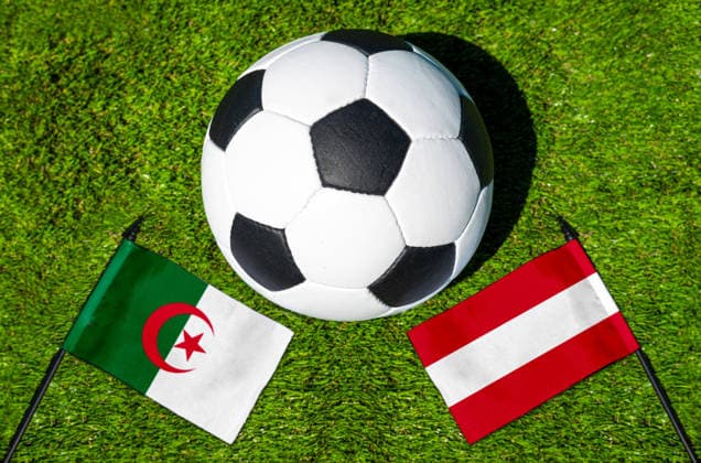 May 22, 2026: PHOTO MONTAGE, 2026 FIFA World Cup, WM, Weltmeisterschaft, Fussball National flags of Algeria and Austria with a soccer ball on the field. Stock image for the group stage match on June 28 at the 2026 FIFA World Cup *** FOTOMONTAGE, Fußball-Weltmeisterschaft 2026: Nationalflaggen von Algerien und Österreich mit Fußball auf Rasen. Symbolbild zum WM-Gruppenspiel am 28 Juni bei der FIFA Fussball-Weltmeisterschaft 2026