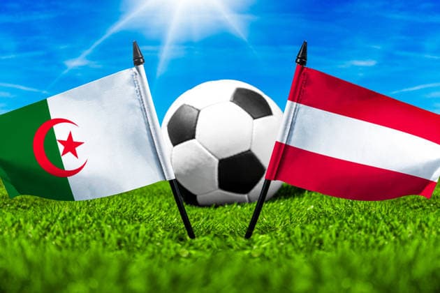 May 22, 2026: PHOTO MONTAGE, 2026 FIFA World Cup, WM, Weltmeisterschaft, Fussball National flags of Algeria and Austria with a soccer ball on the field. Stock image for the group stage match on June 28 at the 2026 FIFA World Cup *** FOTOMONTAGE, Fußball-Weltmeisterschaft 2026: Nationalflaggen von Algerien und Österreich mit Fußball auf Rasen. Symbolbild zum WM-Gruppenspiel am 28 Juni bei der FIFA Fussball-Weltmeisterschaft 2026