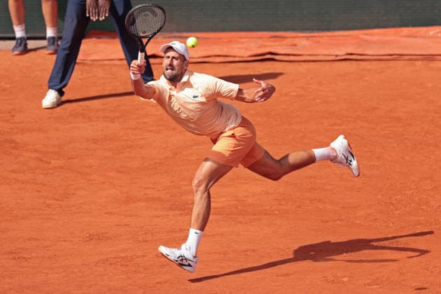 RECORD DATE NOT STATED 29th May 2026; Roland Garros, Paris, France; 2026 French Open Tennis, Day 11; Novak Djokovic (SRB) runs down a forehand against Joao Fonseca (BRA) JonxBromley