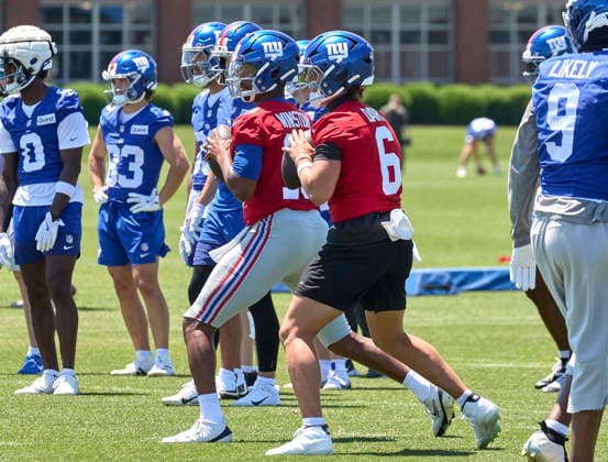 New York Giants quarterbacks Jaxson Dart (6) and Jameis Winston (19) during organized team activities at the Quest Diagnostics Training Center in East Rutherford, New Jersey on Friday, May 29, 2026. CSM East Rutherford United States - ZUMAc04_ 20260529_zma_c04_009 Copyright: xDuncanxWilliamsx