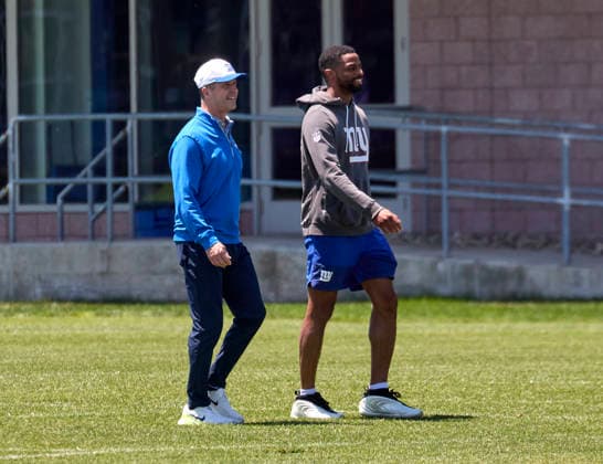 New York Giants head coach John Harbaugh and wide receiver Darius Slayton (18) during organized team activities at the Quest Diagnostics Training Center in East Rutherford, New Jersey on Friday, May 29, 2026. CSM East Rutherford United States - ZUMAc04_ 20260529_zma_c04_024 Copyright: xDuncanxWilliamsx