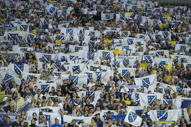 Bosnia and Herzegovina v North Macedonia - Friendlies SARAJEVO, BOSNIA AND HERZEGOVINA - MAY 29: Fans support their team during the International Friendly, Länderspiel, Nationalmannschaft football match between Bosnia and Herzegovina and North Macedonia at the Asim Ferhatovic Hase Stadium in Sarajevo, Bosnia and Herzegovina, on May 29, 2026. Samir Jordamovic Anadolu Sarajevo Bosnia and Herzegovina. Editorial use only. Please get in touch for any other usage.  Copyright: x2026xAnadoluxSamirxJordamovicx
