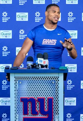 New York Giants linebacker Abdul Carter (3) address media during organized team activities at the Quest Diagnostics Training Center in East Rutherford, New Jersey on Friday, May 29, 2026. CSM East Rutherford United States - ZUMAc04_ 20260529_zma_c04_045 Copyright: xDuncanxWilliamsx