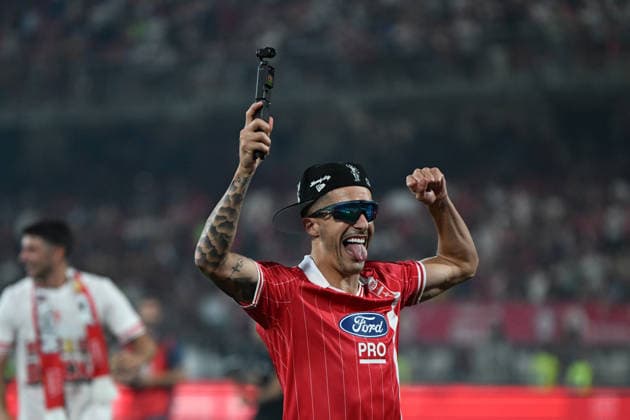 Dany Mota Carvalho festeggia la promozione in Serie A durante la partita tra Monza e Catanzaro dei Play Off del Campionato italiano di calcio Serie BKT 2025 2026 - Momza, Italia - 29 Maggio 2026 - calcio (foto di Francesco Mazzitello LaPresse)  Copyright: xFrancescoxMazzitello LaPressex