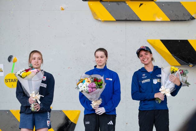 May 29, 2026, Madrid, Madrid, Spain: From left: Silver medalist MELODY SEKIKAWA of Japan, gold medalist ERIN MCNEICE of Great Britain, and bronze medalist ORIANE BERTONE of France celebrate on the podium during the women s Boulder finals at the World Climbing Series Comunidad de Madrid 2026 held in Alcobendas. Madrid Spain - ZUMAd308 20260529_zsp_d308_084 Copyright: xJuanxCarlosxLucasx
