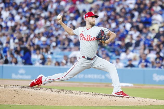 MLB, Baseball Herren, USA - Los Angeles Dodgers vs. Philadelphia Phillies Philadelphia Phillies pitcher Zack Wheeler throws a pitch in the second inning of an MLB baseball game between the Los Angeles Dodgers and the Philadelphia Phillies at Uniqlo Field in Dodger Stadium; in Los Angeles, California, USA, 29 May 2026. LOS ANGELES CALIFORNIA UNITED STATES  Copyright: xCHRISxTORRESx