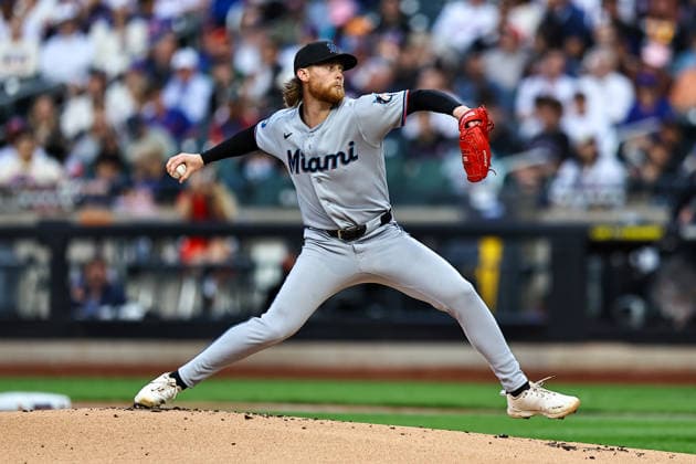 Miami Marlins v New York Mets - MLB, Baseball Herren, USA Miami Marlins starting pitcher Max Meyer 23 throws during the first inning of a baseball game against the New York Mets at Citi Field in Corona, New York, on May 29, 2026. Flushing United States  Copyright: xGordonxDonovanx originalFilename:donovan-mlbmiami260529_np2gN.jpg